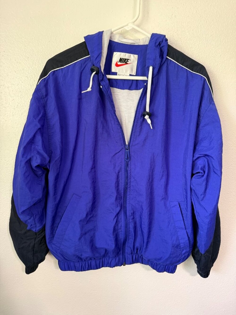 Nike Full Zip Jacket Track Windbreaker Royal Blue/Black Hood Womens M